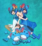  :d animal_ears back-to-back blue_eyes blue_hair bow casual_one-piece_swimsuit gen_2_pokemon hair_bow kuromiya locked_arms marill moemon multiple_girls one-piece_swimsuit open_mouth personification pokemon pokemon_(creature) see-through short_hair smile swimsuit tail 