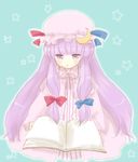  bad_id bad_pixiv_id book cloak kneeling no_nose patchouli_knowledge purple_hair reading ribbon solo star suga touhou 