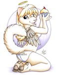  angel_wings blonde_hair blue_eyes cat cherry cupcake feline female hair halo kneeling looking_at_viewer mammal michele_light panties plain_background raised_tail smile solo tail topless underwear white_background wings 