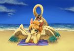  beach breasts brown_hair claws dragon fang female flammie green green_eyes hair looking_at_viewer lying nude ocean outside purplekecleon sand scalie seaside secret_of_mana short_brown_hair short_hair solo tail towel wings yellow 