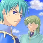  2boys aqua_hair archer_(fire_emblem) armor blue_eyes blue_hair brown_eyes cloud clouds ephraim fire_emblem fire_emblem:_seima_no_kouseki fire_emblem_sacred_stones green_hair innes lowres multiple_boys prince short_hair sky 