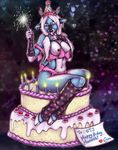  anthro antlers arm_warmers birthday blue blue_eyes blue_fur bow breasts cake cake_stripper cervine deer female food fur hat horn horns leg_warmer legwear mammal nipples nude ribbons solo sparkler spookable 