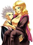  1girl artist_request bleach blonde_hair blue_eyes breasts cleavage green_eyes haori hitsugaya_toushirou japanese_clothes jewelry large_breasts long_hair matsumoto_rangiku mole mole_under_mouth necklace silver_hair taichou_haori 