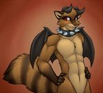  anthro background_gradient brown brown_fur collar darkmask demon fur gradient_background horn horns hybrid lockworkorange looking_at_viewer male mammal muscles navel nude projectblue02 raccoon red_eyes ringed_tail solo spiked_collar striped_tail tail wings 