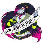  clothes cropped_torso furry green_eyes headphones instrument keytar long_hair mayhem_(shark_attack) multicolored_hair shark_attack shark_girl simple_background solo squeedgemonster white_background 