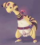 ampharos arms_behind_back arms_tied bdsm belt bondage bound electricity electrostimulation glowing male nintendo penis pok&#233;mon pok&eacute;mon precum purplekecleon solo spreader_bar standing tail tongue tongue_out video_games 