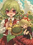  ama-tou angry ascot blonde_hair closed_eyes cracking_knuckles crying dress flower green_hair holding holding_flower hug kazami_yuuka medicine_melancholy multiple_girls object_hug plaid plaid_skirt plaid_vest red_eyes shaded_face short_hair skirt skirt_set sunflower tears touhou vest 