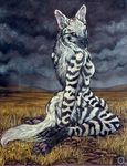  aardwolf breasts dark_natasha ear_piercing female grass hi_res hindpaw kneeling looking_at_viewer looking_over_shoulder monsoon piercing savannah side_boob solo stripes unimpressed 