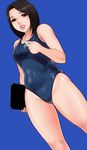  black_eyes black_hair blue_background clipboard competition_swimsuit dutch_angle matoyama one-piece_swimsuit original short_hair solo swimsuit whistle wide_hips 