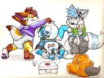 angry bandage blue_ferret derp diaper doctor face_mask female group infantilism kalida kalida_(character) male onesie pacifier paws silkenpaws sweatdrop tail toya_pup 