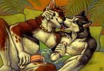  anthro balls canine couple cum duo ear_piercing earring eye_contact gay humanoid_penis kissing male mammal masturbation messy necklace nude penis piercing sex ssirrus 