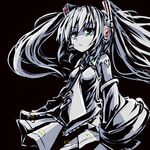  detached_sleeves green_eyes hatsune_miku headset long_hair monochrome necktie simple_background skirt solo spot_color tom_(drpow) twintails vocaloid 