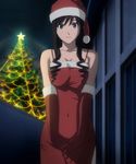  amagami black_hair blue_eyes christmas dress drill_hair elbow_gloves gloves hands_clasped hat highres long_hair morishima_haruka navel non-web_source own_hands_together red_gloves santa_costume santa_hat screencap smile solo stitched third-party_edit 