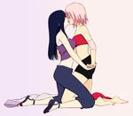  2girls bare_shoulders barefoot bike_shorts breasts gabzillaz haruno_sakura hyuuga_hinata kiss kissing lipstick long_hair makeup multiple_girls nail_polish naruto short_hair sideboob tongue yuri 