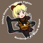  aircraft airplane blonde_hair blush_stickers chibi commentary hair_ribbon kurodani_yamame military no_nose nose_art p-61_black_widow red_eyes ribbon sakurato_tsuguhi solo touhou world_war_ii 