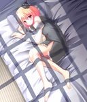  barefoot bed blonde_hair crescent feet hat highres legs lunasa_prismriver pillow red_eyes short_hair solo touhou ultimate_ruirui window_shade 