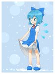  bad_id bad_pixiv_id bloomers blue_eyes blue_hair bow child cirno dress full_body hair_bow nagian short_hair skirt skirt_basket skirt_hold smile snowing solo standing touhou underwear wings 