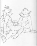  anthro black_and_white brian_yee canine duo erection eyes_closed fox frottage gay hindpaw male mammal monochrome nude paws penis plain_background plantigrade poop_(artist) sketch soles tail toes white_background 