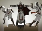  armor assassin's_creed:_brotherhood assassin's_creed_(series) assassin's_creed_ii beard belt boots building cape ezio_auditore_da_firenze facial_hair gb_(doubleleaf) gloves highres hood leap_of_faith male_focus mask multiple_boys outstretched_arms pauldrons plank pushing sash smile spread_arms sword tower vambraces weapon 