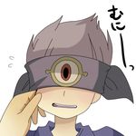  blindfold blush cheek_pinch cheek_pinching fang grey_hair inazuma_eleven inazuma_eleven_(series) open_mouth pinch pinching short_hair simple_background sweatdrop yuukoku_hiroyuki 