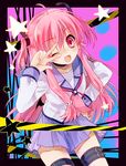  ;d angel_beats! colorized fang long_hair one_eye_closed open_mouth pink_eyes pink_hair sakura_neko school_uniform serafuku smile solo star two_side_up v_over_eye yui_(angel_beats!) yume_mizuumi 