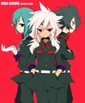  amesawa_mokke bad_id bad_pixiv_id baddap_sleed braid eska_bamel gloves green_hair inazuma_eleven inazuma_eleven_(series) male_focus military military_uniform mistorene_callus multiple_boys purple_eyes smile tattoo uniform white_hair 