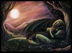  black black_scales cuddle cuddling dragon feral forest green_eyes how_to_train_your_dragon hug male moon mountain nature night_fury outside realistic scalie superboll toothless tree wings wood yellow_eyes 