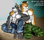  2004 abs army barazoku belt blue_eyes buckles canine cody_v_frost couple cuddle dog embrace feline friends friendship gay hindpaw i.s.o. intimate jeans kneeling looking_at_viewer male military muscles pants ponytail raff raff_m_logan relaxing sitting tiger vince_suzukawa wolf yellow_eyes 