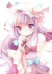  :&lt; absurdres bloom blush bow crescent face hair_bow hat heart highres karunabaru long_hair mukyuu patchouli_knowledge purple_hair ribbon robe solo striped symbol-shaped_pupils touhou upper_body 