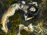  anna_rigby black_hair breasts ear_piercing earring eyes_closed eyeshadow female fin hair koi long_hair makeup mermaid nipples orange orange_scales piercing scales solo tail wallpaper water 