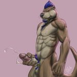  anthro balls biceps big_muscles cum ear_piercing earring efenrai_(character) fur male mammal masturbation muscles mustelid nude otter pecs penis piercing pose rrowdybeast silver_fenrir solo 