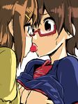  blush breast_grab breasts brown_hair casual food fruit glasses grabbing hamao hirasawa_yui k-on! manabe_nodoka medium_breasts mouth_hold multiple_girls red-framed_eyewear saliva semi-rimless_eyewear shared_food shirt_lift short_hair strawberry strawberry_kiss sweat under-rim_eyewear yuri 