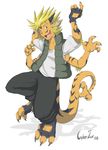  blonde_hair claws clothing cyber_zai dragon hair horns male multi_limb multiple_arms red_eyes saru scalie solo spiky_hair tail tail_hand 