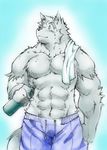  blue_eyes canine grin kokuhane male muscles scar solo standing sweat tail wolf 