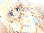  1girl blonde_hair blue_eyes blush bra dressing game_cg highres indoors kicking_horse_rhapsody lingerie miyasu_risa orina_nobara solo underwear 