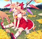  animal ascot bird blonde_hair bunny cetera day deer flandre_scarlet flower grass happy hat highres looking_at_viewer mary_janes mountain multicolored multicolored_eyes nature open_mouth orange_eyes shoes short_hair side_ponytail sitting sky smile solo squirrel touhou wings yellow_eyes 