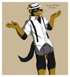 2010 beauceron black_nose blank_background briefs brown_eyes bulge canine caption colored dialogue doggieo english_text gangster hat i_dunno_lol looking_at_viewer male shrug smile solo tail underwear undressed 