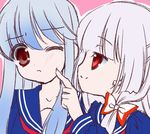  ;&lt; alternate_costume blue_hair cheek_poking close-up closed_mouth face fujiwara_no_mokou gradient_hair kamishirasawa_keine lowres multicolored_hair multiple_girls poking profile red_eyes rino_(kurumi) school_uniform serafuku silver_hair smirk touhou wince 