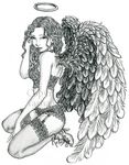  2005 angel black_and_white female halo high_heels lace lingerie monochrome pantyhose retasha skimpy solo wings 