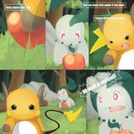  chikorita comic dialog dialogue female fruit male nintendo pok&#233;mon pok&eacute;mon raichu red_eyes springtime_desperation text tom_smith tongue video_games 