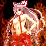  bow breasts fire fujiwara_no_mokou groin hair_bow hand_on_hip large_bow large_breasts long_hair naked_suspenders navel no_panties red_eyes revealing_clothes silver_hair solo suspenders topless touhou very_long_hair yamasan_(hachiman) 