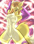 2005 black_nose blonde_hair blush canine chest_tuft digimon elbow_gloves eyes_closed female fox gloves glow hair lighting long_hair markings naturally_censored pose renamon solo standing tailsrulz yellow 