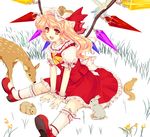  animal ascot bird blonde_hair bunny cetera deer flandre_scarlet grass hat mary_janes nature orange_eyes shoes short_hair side_ponytail sitting smile solo squirrel touhou wings yellow_eyes 