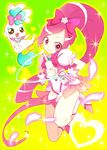  boots bow chypre_(heartcatch_precure!) cure_blossom eyelashes flower_tact hanasaki_tsubomi heartcatch_precure! highres kurosironeko long_hair magical_girl pink_bow pink_eyes pink_hair ponytail precure very_long_hair 