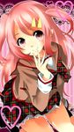  asuka_(yuiyui1210) colorized hair_ornament hairclip hand_to_own_mouth original pink_eyes pink_hair plaid smile solo 