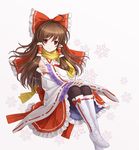  ahoge boots bow brown_eyes brown_hair detached_sleeves embellished_costume frills hair_bow hakurei_reimu knee_boots long_hair pantyhose red_eyes scarf simple_background smile snowflakes solo touhou tucana white_background 