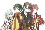  2girls ahoge al-3_alice bad_id bad_pixiv_id blue_eyes blue_hair brown_hair green_eyes green_hair hl-0_haruno long_hair midriff multiple_boys multiple_girls nagumo_ichitaka necktie red_eyes red_hair sunamamire super_robot_wars super_robot_wars_l uniform yuunagi_graif 