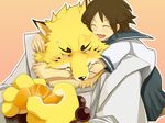  brown_eyes brown_hair canine claws clothing duo eyes_closed fantasy female fox fur gingitsune gintaro gintarou hair hug human male mammal open_mouth sailor_fuku size_difference whiskers yellow_fur yow 