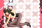  animal_ears bad_id bad_pixiv_id blue_hair brown_eyes bunny_ears bunnysuit carrot en_la_festa fishnet_pantyhose fishnets green_eyes green_hair long_hair mouth_hold multiple_girls original pantyhose ponytail short_hair 