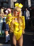  animal_ears asian blonde_hair bunnysuit cosplay elbow_gloves gloves leotard nintendo pantyhose photo pikachu poke_ball pokemon public real smile standing stuffed_animal stuffed_toy 